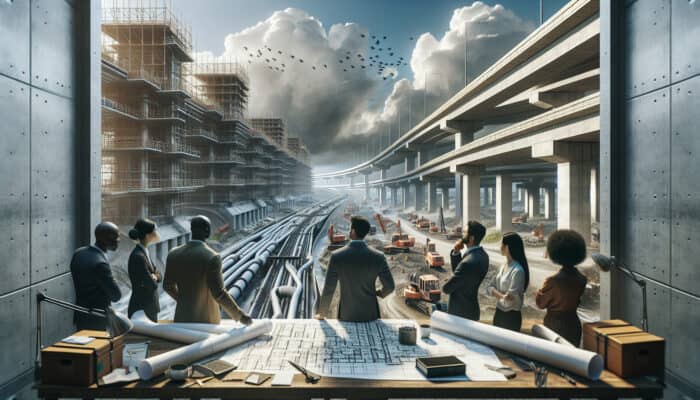 Experts examining concrete drainage systems in Chilliwack, with construction equipment and blueprints under a cloudy sky.