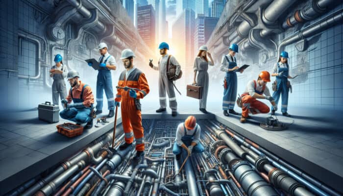 Expert plumbers in New Westminster repairing a complex sewer system with modern tools.