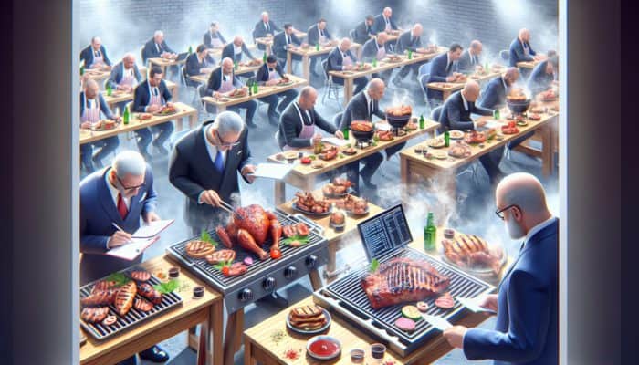 Judges at a BBQ competition evaluating dishes on taste, tenderness, and presentation, giving feedback to competitors.