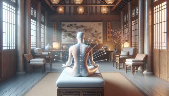 A serene person receiving acupuncture with visible energy lines flowing smoothly in a tranquil, softly lit room with traditional Chinese decor.