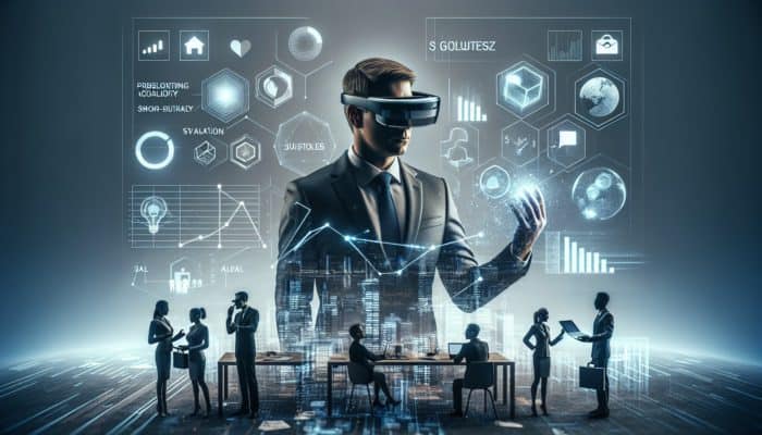 Augmented Reality’s Impact on Small Business Growth: A small business owner using AR glasses to solve a problem, demonstrating results to a team in a modern office.