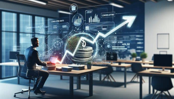 Person managing finances, consolidating debts, improving credit score, symbolised by rising graph and clear path in modern office.
