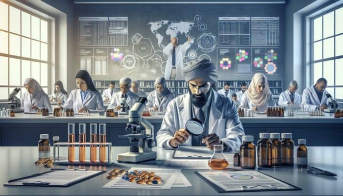 Scientists analysing fish oil supplements in a lab, ensuring purity, potency, and freshness.