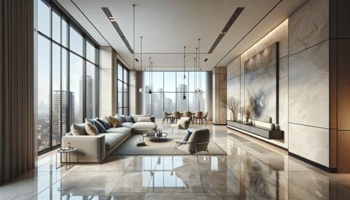 Sleek filled travertine flooring in a modern UK home, with honed and tumbled accents.