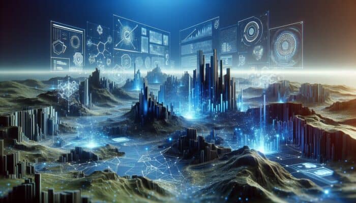 How to Use AI for Link Building: Futuristic digital landscape with AI optimising SEO, enhancing data analysis, and automating link building.