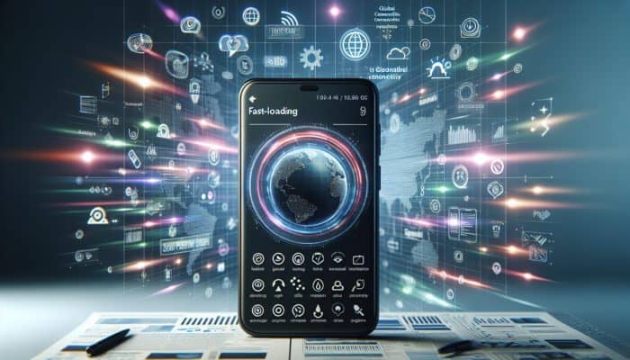 Leverage Mobile SEO for Local Rankings: A smartphone showing a fast, user-friendly website with global connectivity and rising SEO rankings.