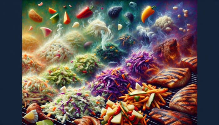 Best Side Dishes for BBQ Competitions: Colourful coleslaw variations served with smoky grilled meats at a vibrant BBQ.