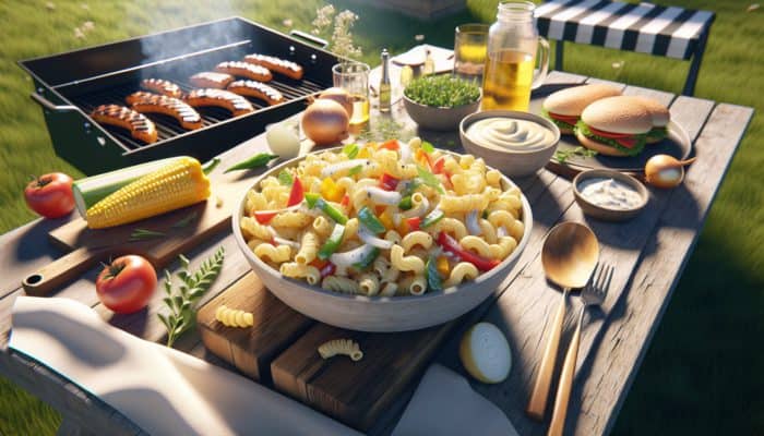 A vibrant macaroni salad with al dente elbow pasta, creamy dressing, and crunchy vegetables, garnished with herbs.