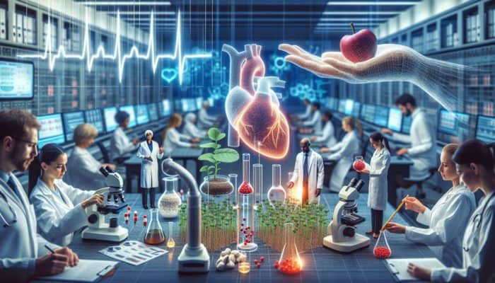 Researchers in a UK lab studying hawthorn and garlic's effects on heart health with advanced equipment and graphs.