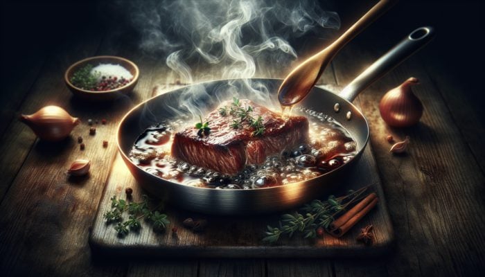 How to Braise Meat for Tender Results: A pan with browning meat and simmering liquid, surrounded by herbs, illustrating the braising technique.