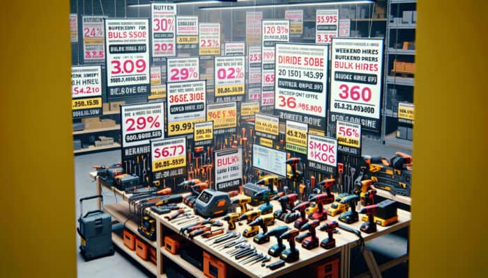 Tool Rental Discounts for House Clearance: A colourful array of power tools on a workbench with discount tags and promotional banners in a busy tool rental store.