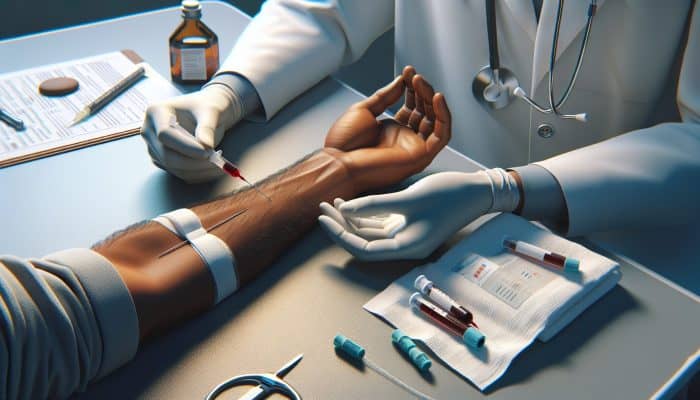 A healthcare professional drawing blood from a patient's arm with a fine needle, tourniquet, and antiseptic wipe in a clinical setting.