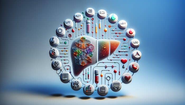Illustration of liver function test vials labeled with ALT, AST, ALP, bilirubin, albumin, prothrombin time, GGT, LDH in Basingstoke.