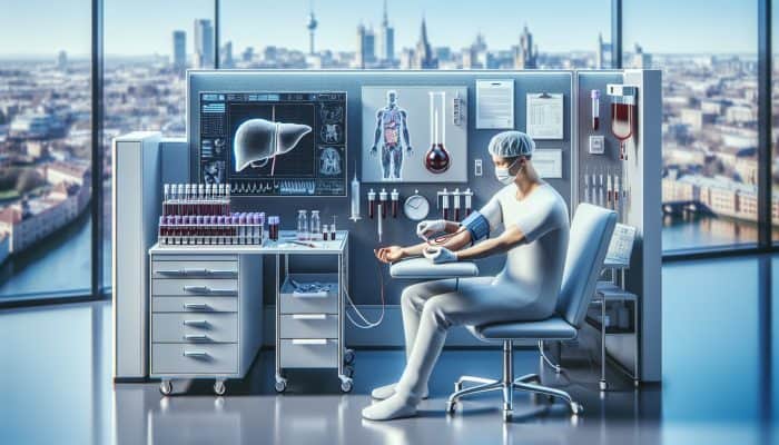 Technician drawing blood in a modern Basingstoke lab, with "Liver Blood Tests" sign visible.