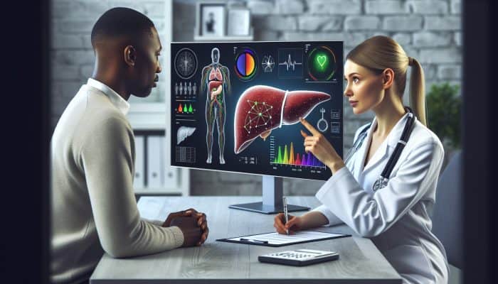 Doctor discussing liver health with a patient, showing digital test results on a screen in a clinic.