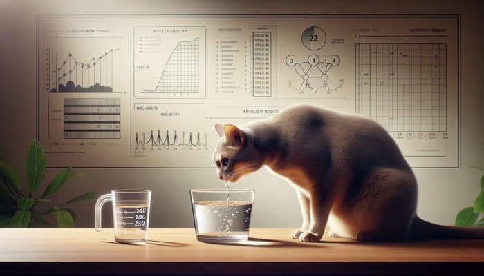 A senior cat drinking from a clear bowl, with a hydration tracking chart and measuring cup nearby in a cozy home.
