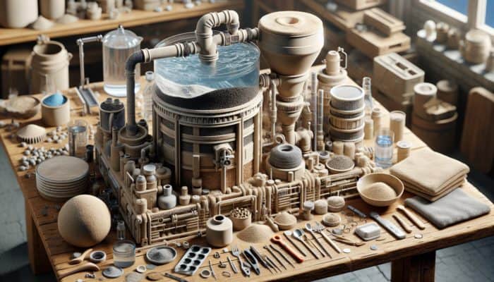 A homemade water purifier on a rustic table with sand, activated carbon, and ceramic filters, surrounded by DIY tools.