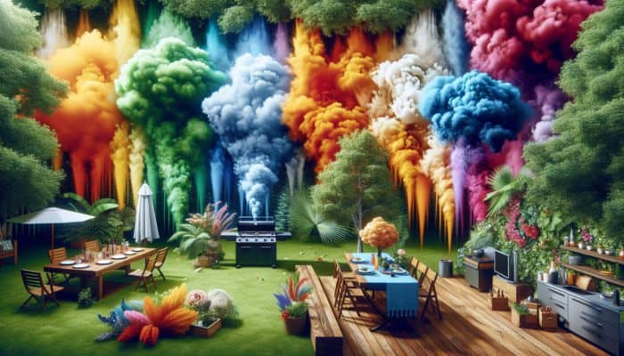 A vibrant BBQ setup with various smoke curtains in a lush backyard, showcasing different designs and materials.