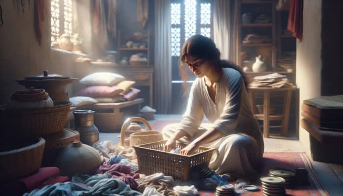 A person calmly sorting items in a cluttered house, symbolizing self-compassion and patience.