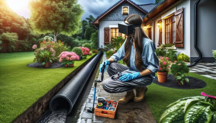 A professional assesses a home's downspout system in a well-maintained garden.