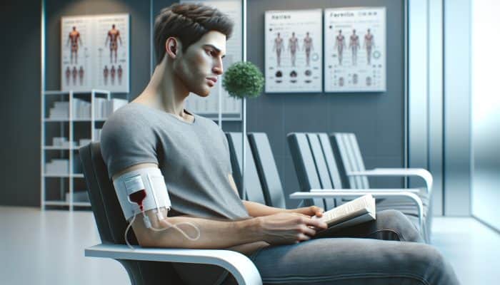 Person in clinic waiting area, hydrated, reading, dressed for easy blood draw, preparing for ferritin test.