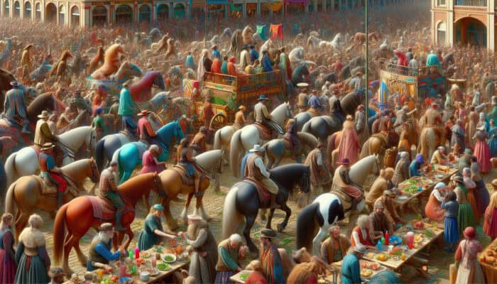 A historical parade showcasing animals, floats, music, and performers, symbolizing cultural unity and prosperity.