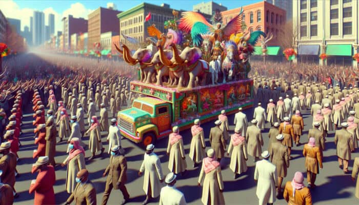 A vibrant holiday parade showcasing organized floats and diverse animals like elephants and horses under a sunny sky.