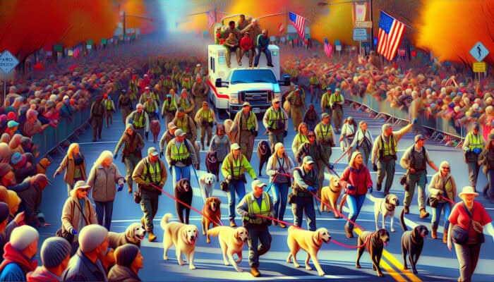 A vibrant holiday parade with volunteers managing animals and the crowd, ensuring safety and enjoyment for all.