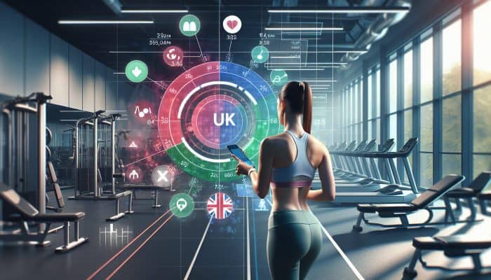 A woman using a fitness app on her smartphone in a modern gym, surrounded by digital screens showing her fitness goals and progress.