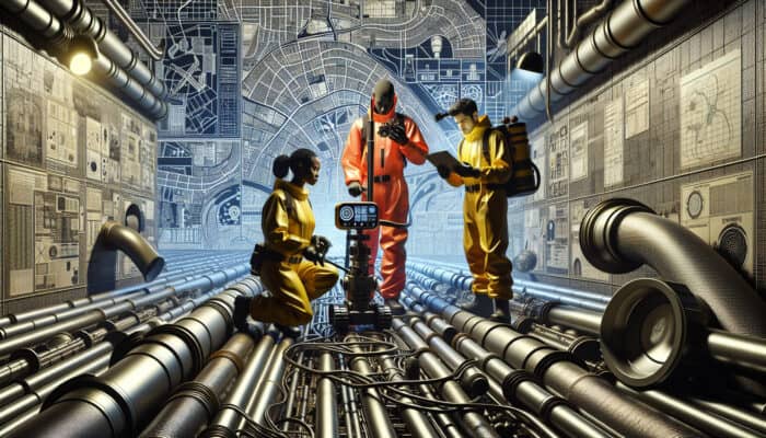 A team of experts inspecting a modern sewer system in Chilliwack with advanced technology.