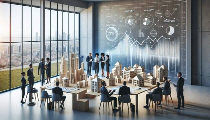 A modern office with financial planning chart, blueprints, and models; team discussing property upgrade strategies.