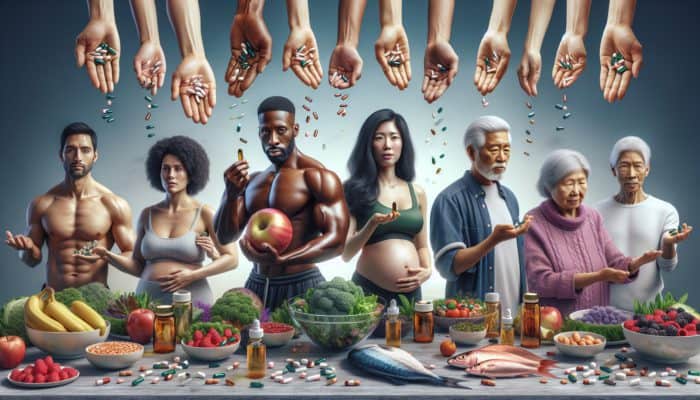 A diverse group reaching for supplements like vitamin B12 and omega-3, with healthy foods in the background.