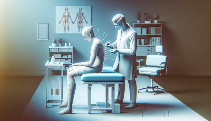 A serene acupuncture session in a clean clinic with a qualified practitioner, showing minimal side effects.