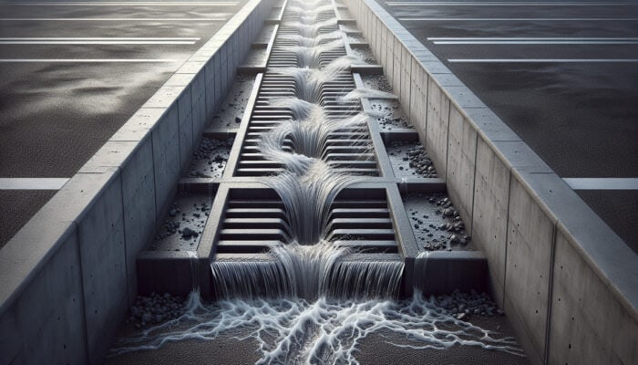 Surface drain in parking lot, capturing water into grated trench, preventing pooling.