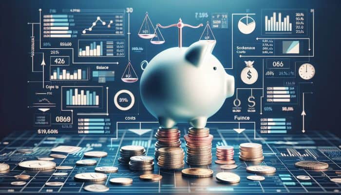 Infographic showing costs and fees of debt consolidation loans in the UK with charts and icons.
