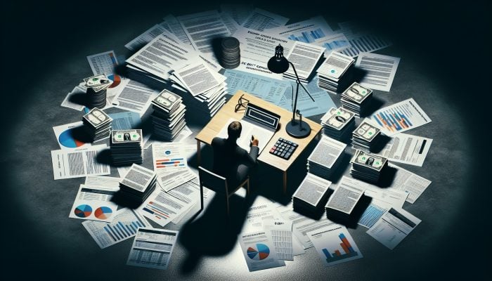 Person at desk comparing debt consolidation loan contract with individual debt statements using calculator and documents.