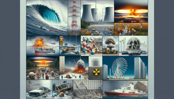 Preparing for Nuclear Events: Collage of nuclear incidents: Fukushima tsunami damage, Chernobyl explosion, terrorist attack on facility.
