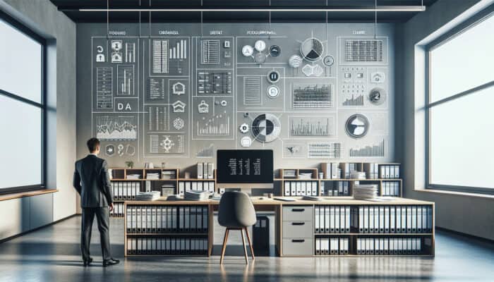 A modern office showcasing effective bookkeeping with a chart of accounts, audit, and organised filing systems.