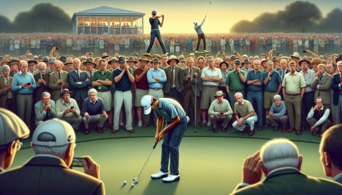 A golfer under pressure on a South African putting green during the South African Open, facing a critical putt at sunset.