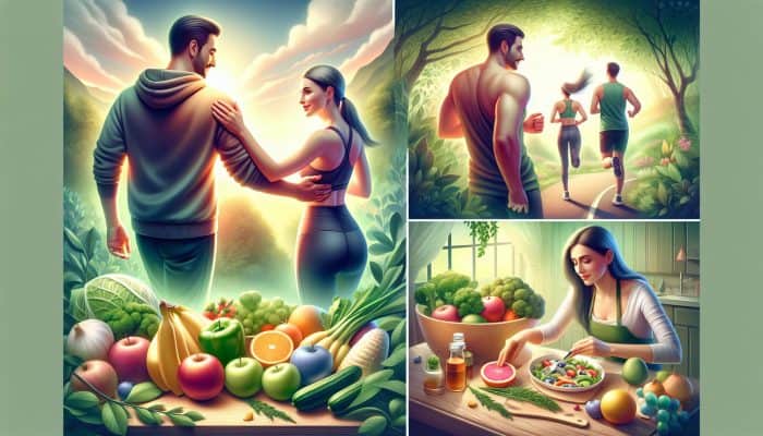 Supporting Partner’s Health: Two partners supporting each other's health through exercise and healthy eating in a nurturing environment.