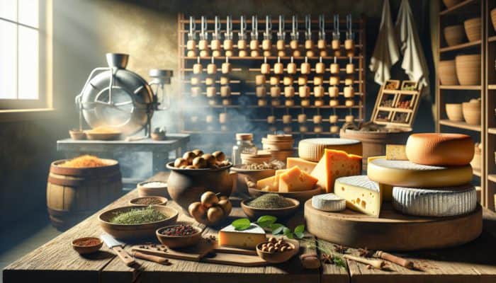 Various cheeses on a rustic table being prepared for smoking with herbs and spices, in a sunlit kitchen.