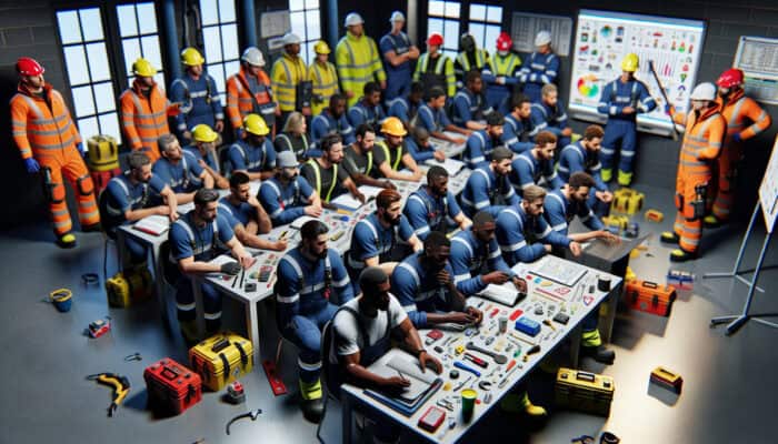 UK house clearance workers in safety gear during a comprehensive safety training session with tools and drills.