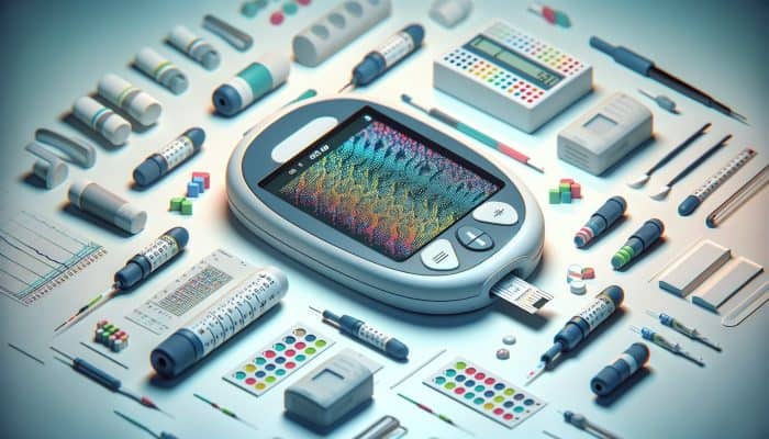 Diabetes Blood Test in Cheltenham: A blood glucose monitor displaying results, surrounded by diabetic test strips and a blood sugar level chart in a clinical setting.