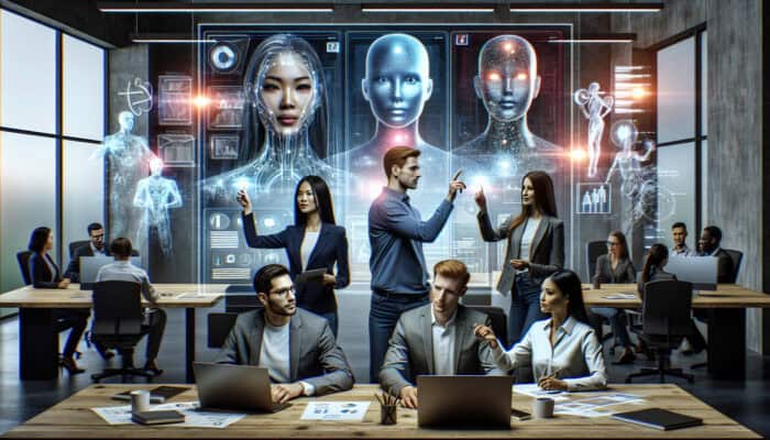 A diverse team using virtual assistants on screens to collaborate on a digital newsletter in a modern office.