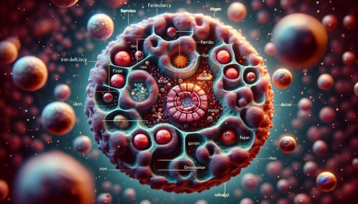 Ferritin Blood Test in Chichester: Cross-section of human cell with ferritin proteins managing iron, showing effects of deficiency and overload.