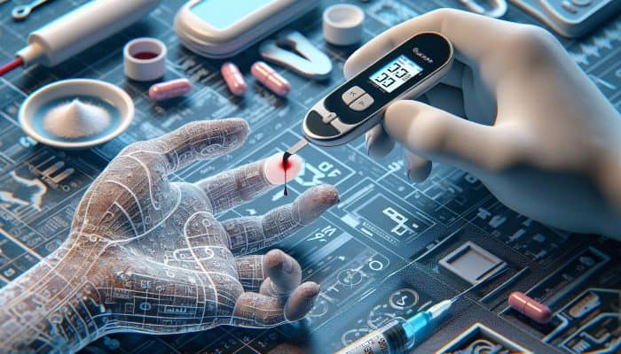 Diabetes Blood Test in Chippenham: Close-up of diabetes blood test: lancet pricking finger, collecting blood drop, glucose meter showing results in clinic.
