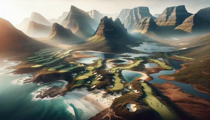 A South African golf course showcasing diverse landscapes from Drakensberg mountains to Pinnacle Point's coastal links.