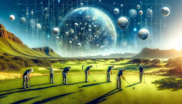 South African golfers using hybrid clubs and soft-feel golf balls for higher shots on a vibrant, sunlit course.