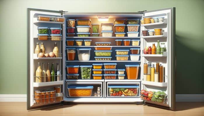 A kitchen scene with labelled containers of batch-cooked meals like curries and casseroles in a refrigerator, showcasing efficient meal prep.