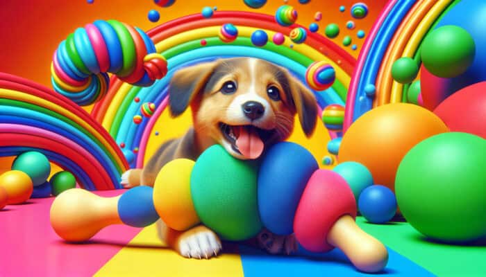 A playful puppy chews on a colourful teething toy, promoting dental health.